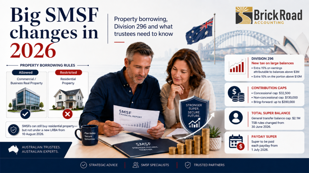 Infographic summarising big SMSF changes in 2026: property borrowing restricted to business real property, Division 296 tax on large balances, 2026-27 contribution caps, total super balance changes and Payday Super