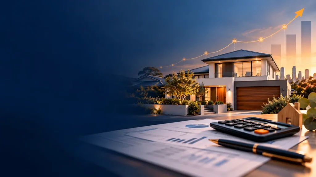 Negative gearing reforms – Australian investment home at sunset with a rising growth chart, calculator and tax documents