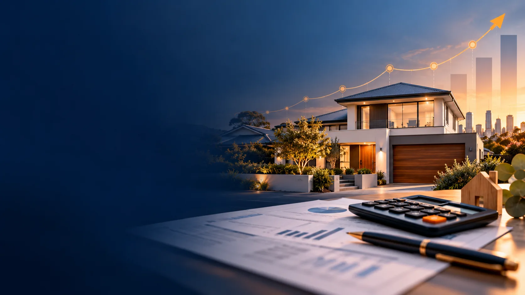 Negative gearing reforms – Australian investment home at sunset with a rising growth chart, calculator and tax documents