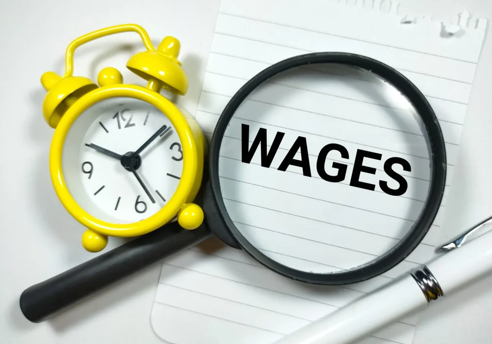 Business concept.Text WAGES writing on notepaper with clock,pen and magnifying glass on white background. Business concept.Text WAGES writing on notepaper with clock,pen and magnifying glass on white background.